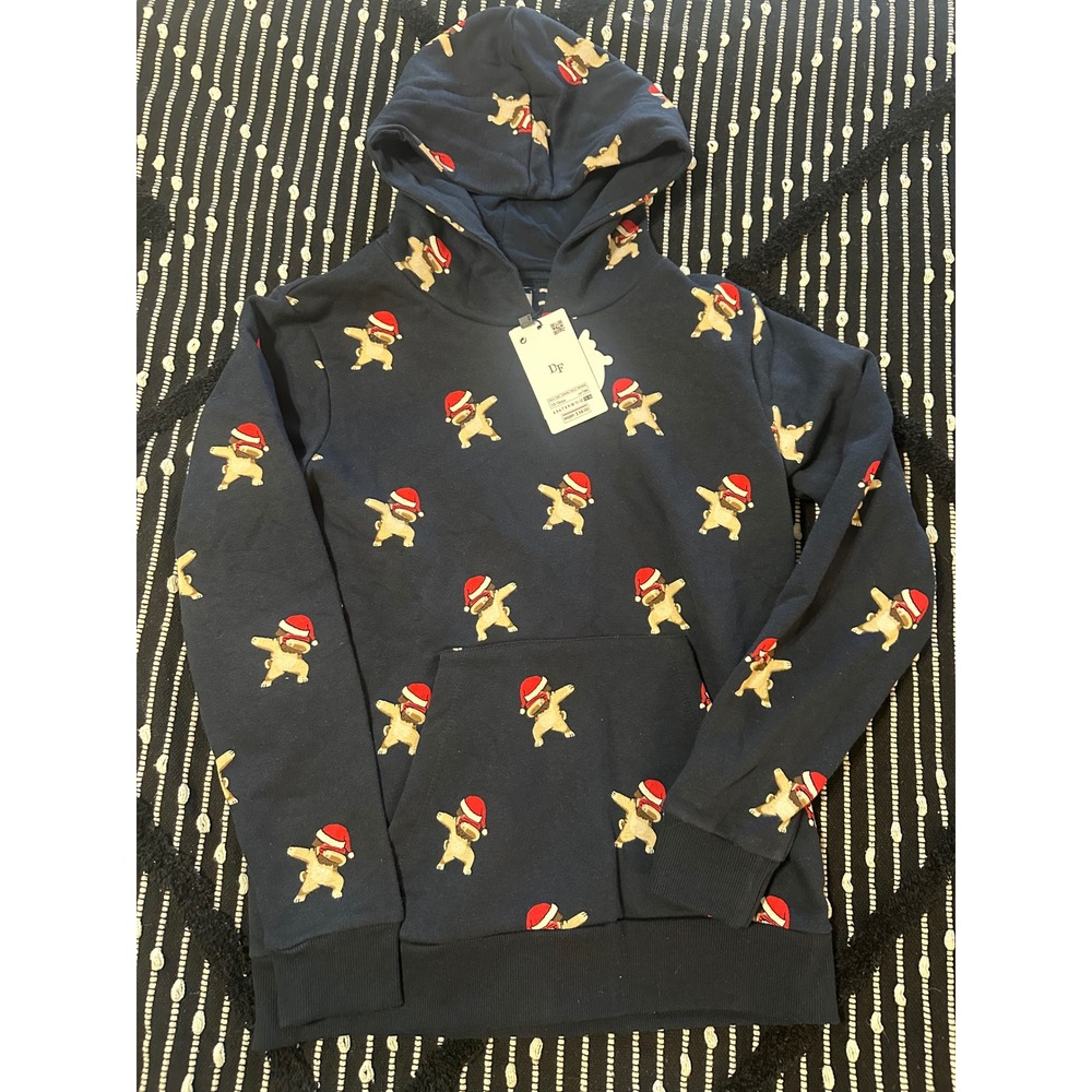 DF Kids Boys Girls‎ Pug Santa Hat Christmas All Over Print Hoodie Size 13 14